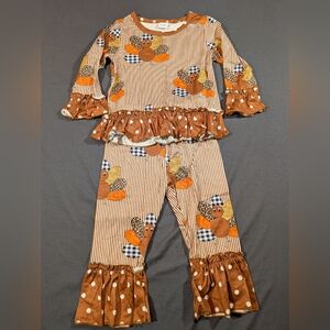 Girls Autumn Turkey Ruffle Pajama Set - Brown & Orange